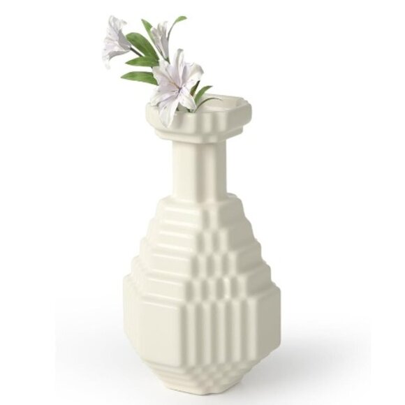 White Checkered Decorative Mosaic Plaid Design Ceramic Vase, 9.5 Inch - Picture 1 of 6